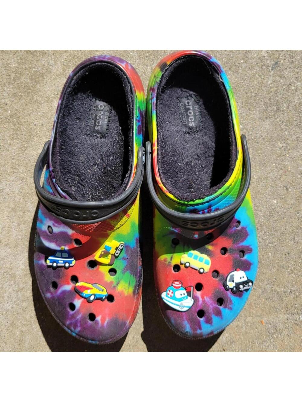Mens 11 fuzzy Crocs multicoloured tie dye with clog charms. Pre-owned, good